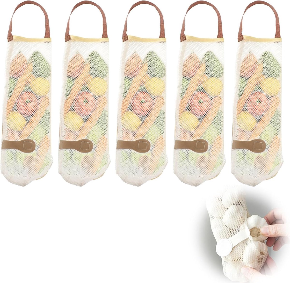 5 pieces - Vegetable bag - Fruit bag - 48*11 cm - Storage bag - hanging mesh bag - reusable large bag for cooking seafood - washable bags - for vegetables and fruit for the kitchen, fridge, potato, onion, garlic, vegetables and fruit - beige