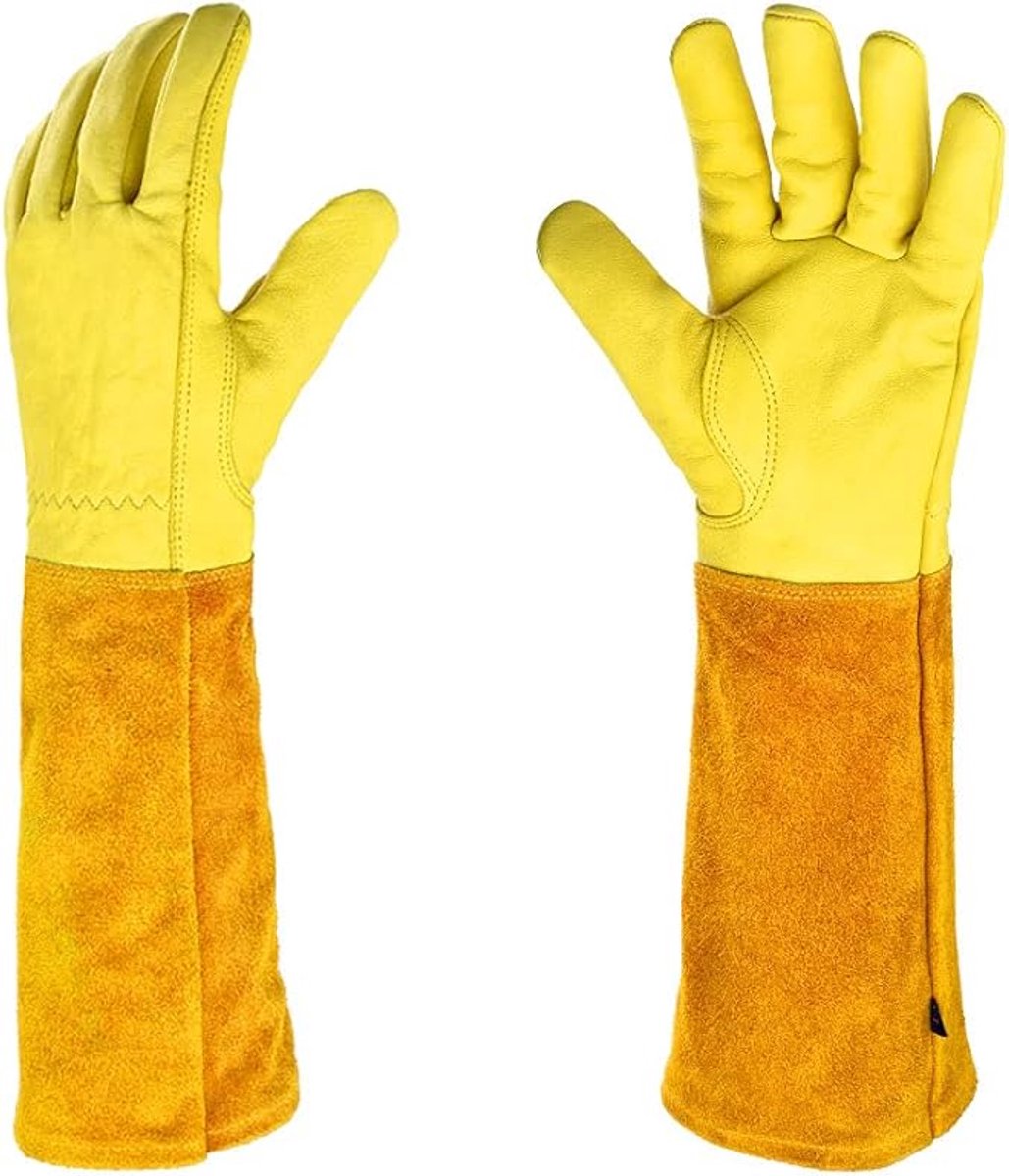 Gardening Gloves - 1 pair - Women/Men - Thorn-Resistant Cowhide Leather rose/blackberry pruning - thorn- and cut-resistant gardening gloves with long leather - Long Forearm Protection - Glove - heavy duty glove - Yellow