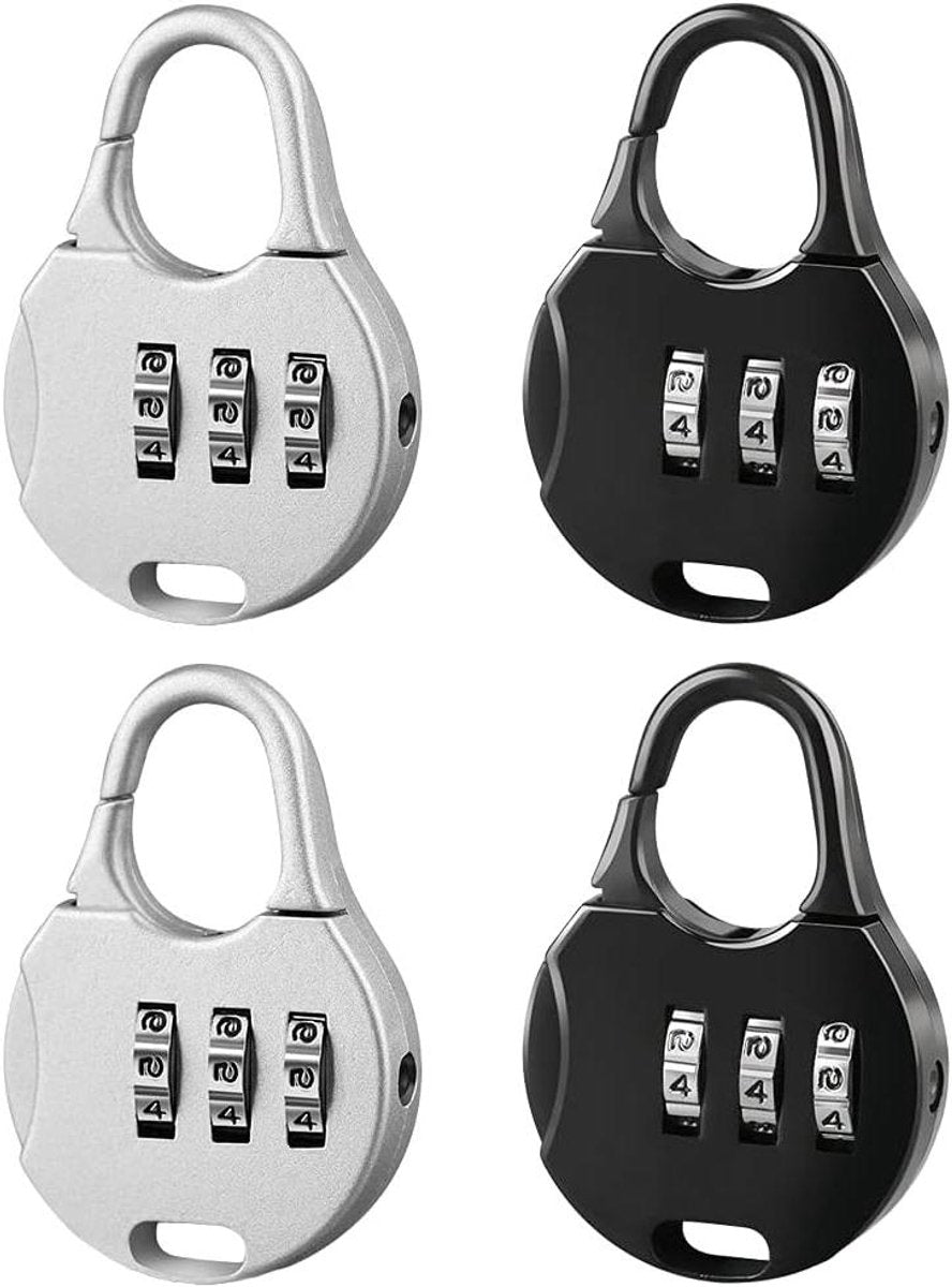 Allecto Plus - Mini Combination Lock for Suitcase Backpack Travel Bag - 3-Digit Padlock - 4 Pieces Black Silver - Adjustable - Jewelry Box Locks - Round