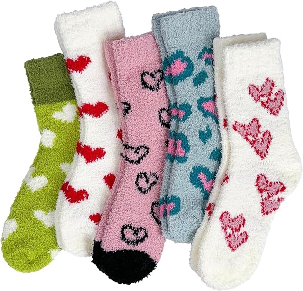 5 pairs - Warm Winter Socks - Plush Socks - House Socks - Non-slip Socks - Fluffy Socks - Fuzzy Slipper Socks - Sleep Socks - Coral Fleece Sleep Socks - Soft Bed Socks for Women - For Cold Nights - Cute Cat and Heart Pattern