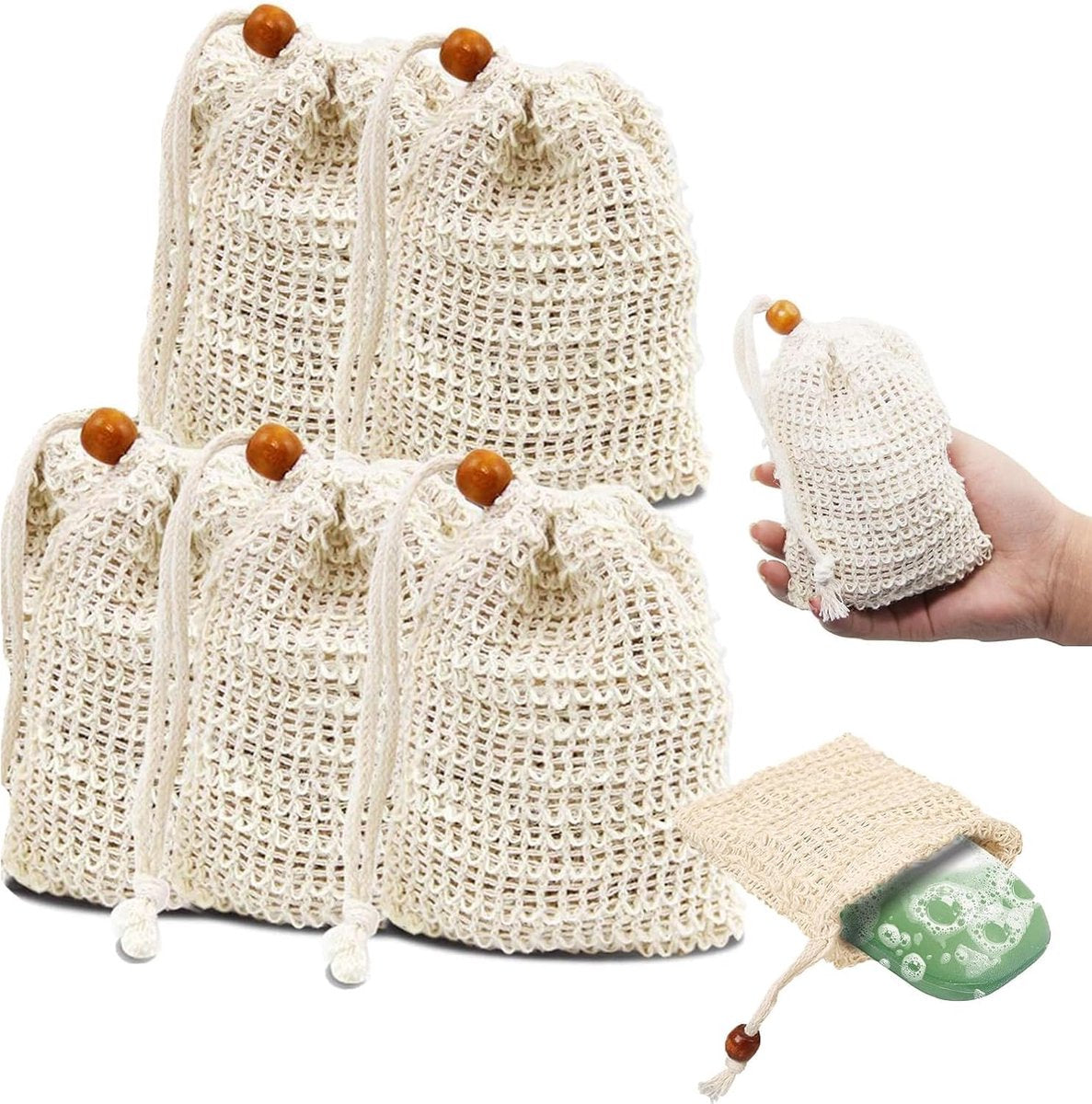 5 pieces - Soap bag - Drawstring bags Soap net - Sisal Soap bag - Soap Bar bag - Shampoo bar bag - Soap bar bag - scrub glove - foam soap bags - scrub bag - bathroom accessories - for home, bath massage, travel storage - 9*14cm