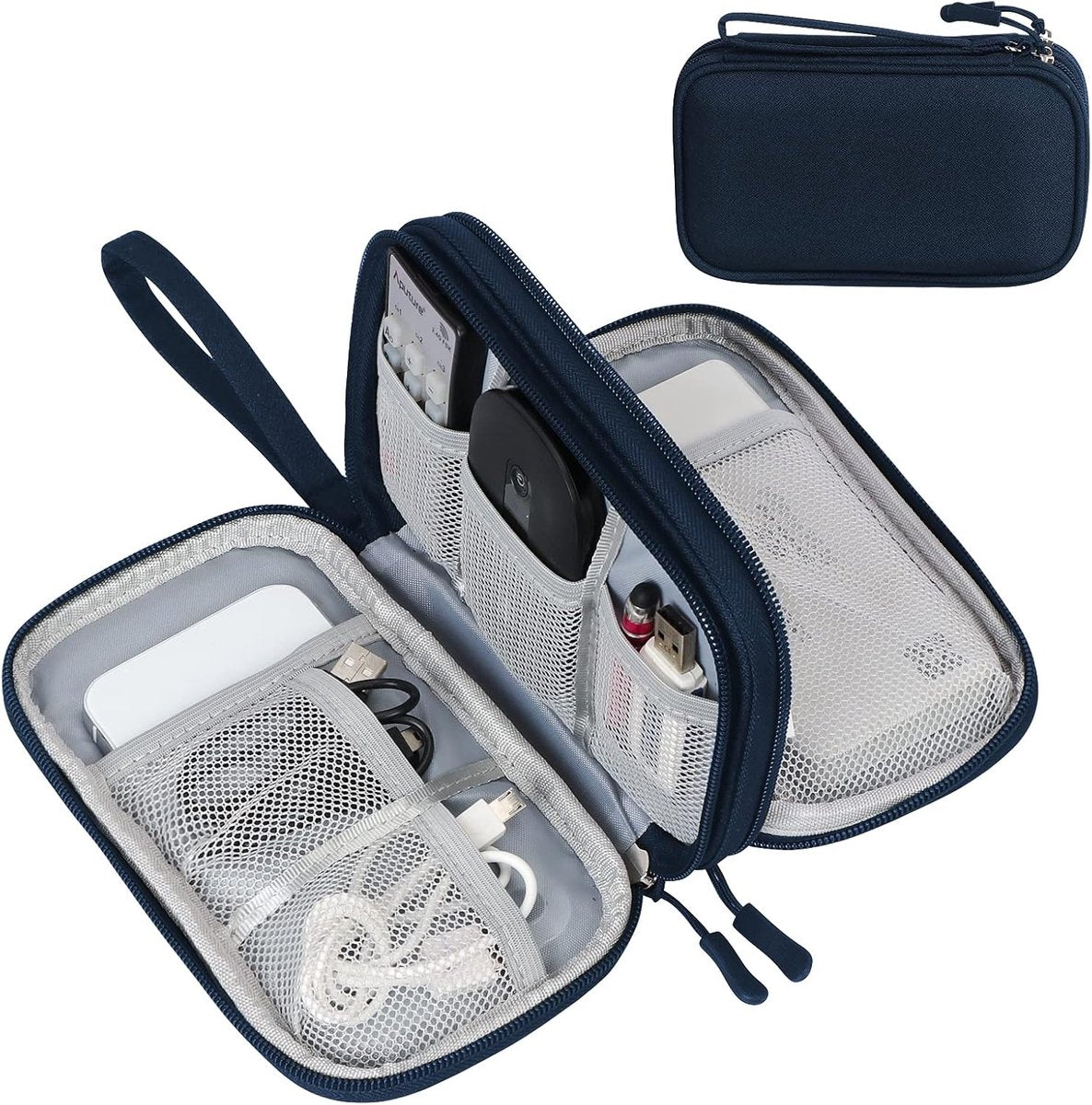 Cable Storage Bag - Travel Organizer Accessories - Waterproof/Wear-Resistant - Cable - Bag, Charger, Adapter, USB, Hard Drive - Compact Cable Bag - Cable Organizer - 19x11x5.5cm - Navy Blue