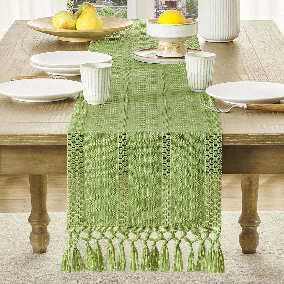 Table runner - tablecloth - Bohemian style table runner - pink table runner - with knotted tassel - farmhouse woven home decor - green - 30*240 cm