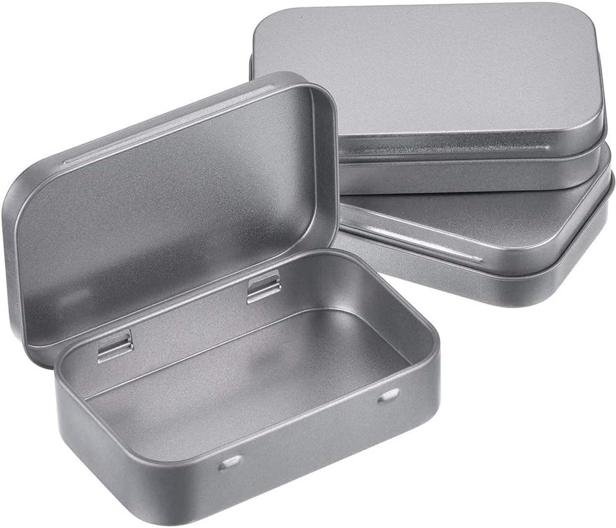 Mini Tin Cans - Pack of 3 - Storage Box - Metal - Hinged Tin Can - With Lid - Rectangular Tin Can - Mini Portable Box - Suitable for Home, Office, Outings and Travel - 95x60x20mm - Silver