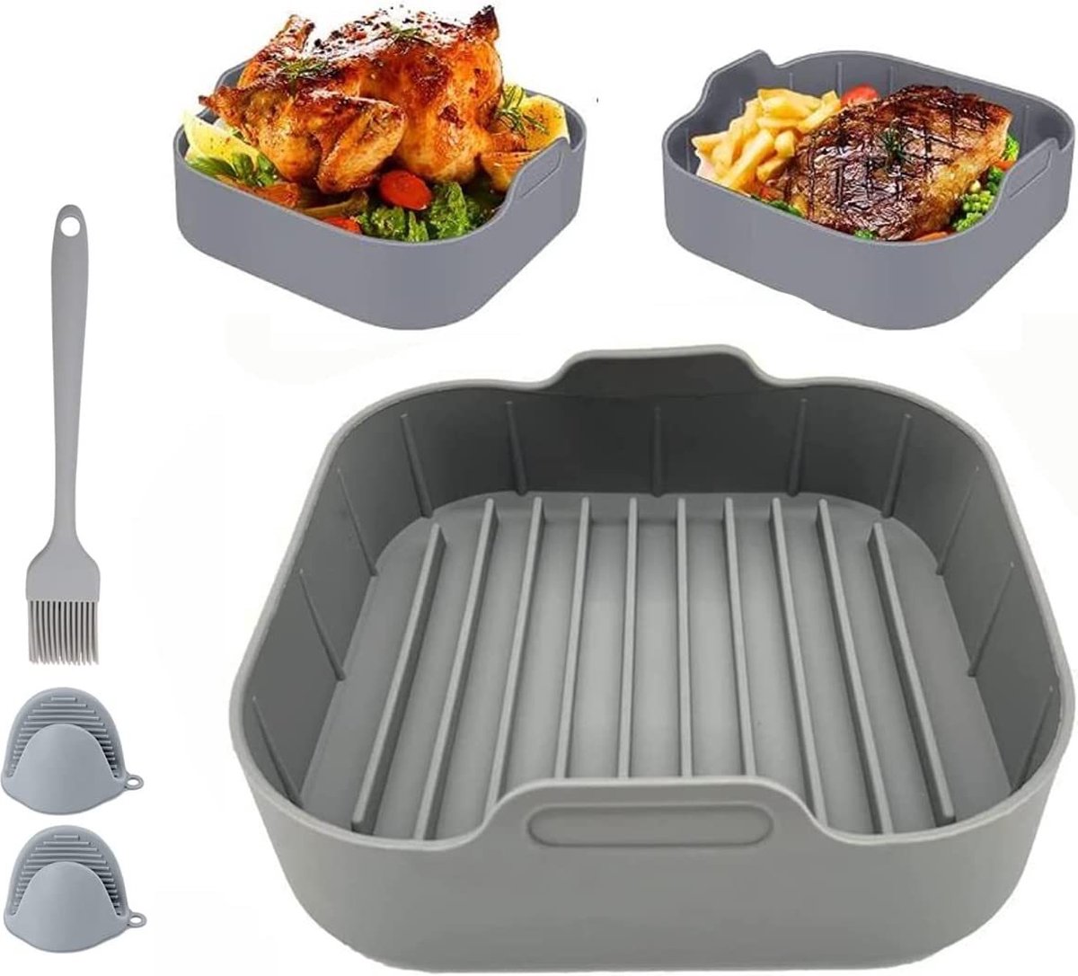 Airfryer accessories - Silicone baking dish - Hot air fryer - Baking tins - Baking paper alternative - Basket baking tin - 20 CM - including gloves and oil brush - gray - Accessories