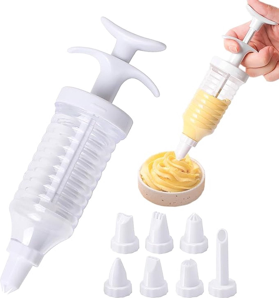 Set of 9 pieces - Piping tips - Garnishing syringe - with 8 piping tips - Whipped cream syringe - cupcake - decoration set - cake - decoration - Reusable - plastic - 15.6*6.4cm - white