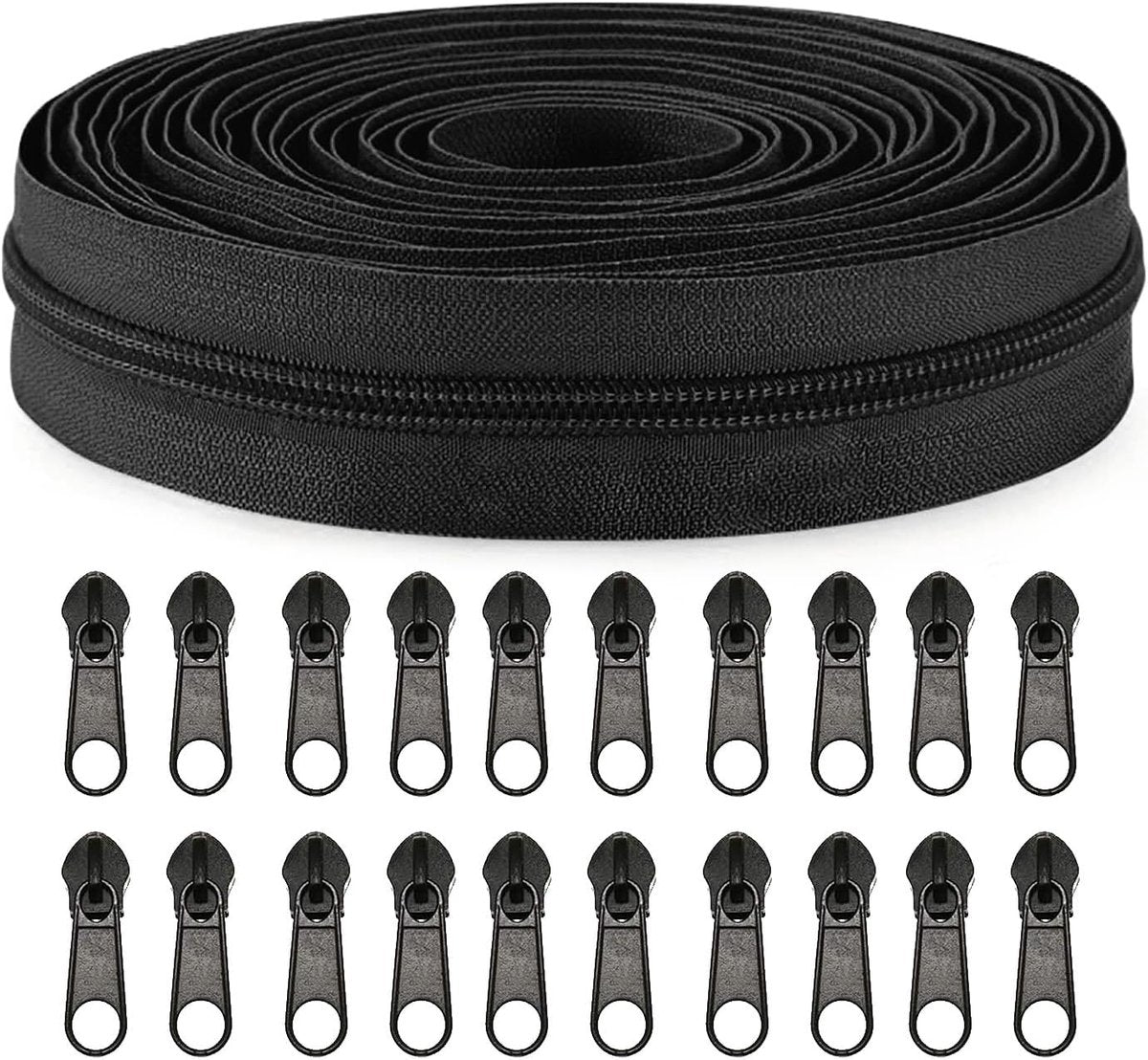 Zippers - 1 Roll - Zipper - Includes 20 Replacement Zippers - Nylon - Metal - Replacement Zipper Set - Zipper Closure Repair Kit - Suitable for Bags, Clothing and Bedding - 10m*2.7cm - Black