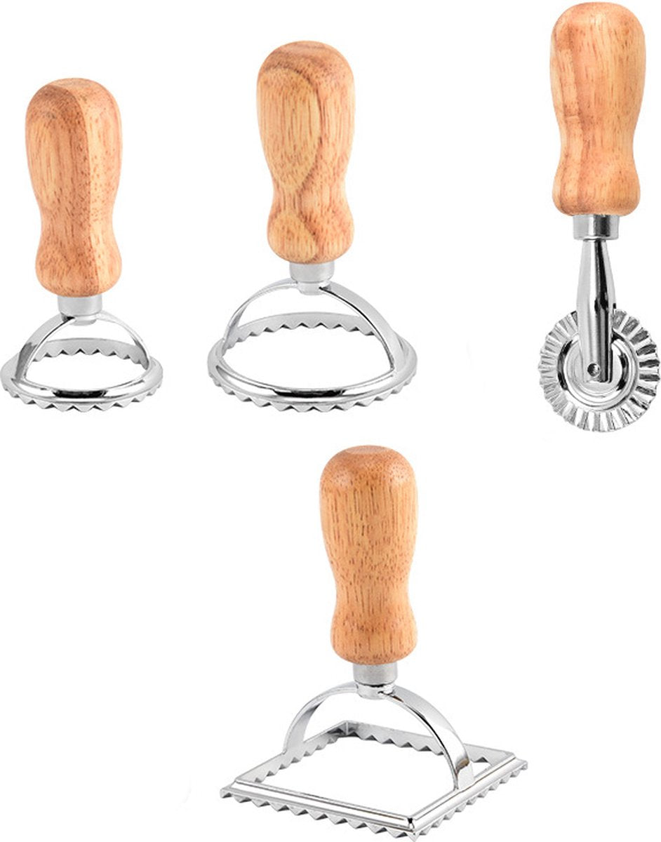 Set of 4 ravioli cutters - Ravioli makers with wooden handle - Set of 3 shape cutters and 1 pasta wheel for cutting homemade ravioli
