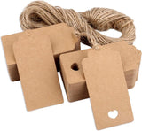 100x Kraft Cardboard Labels - With 100 Jute Rope - Gift Tags - 9.5 x 4.5 CM - Heart - Writable - Cardboard Gift Labels - Kraft Paper Name Tags - Blank Price Tags - Gift Tags - Multifunctional Label - Thick & Sturdy