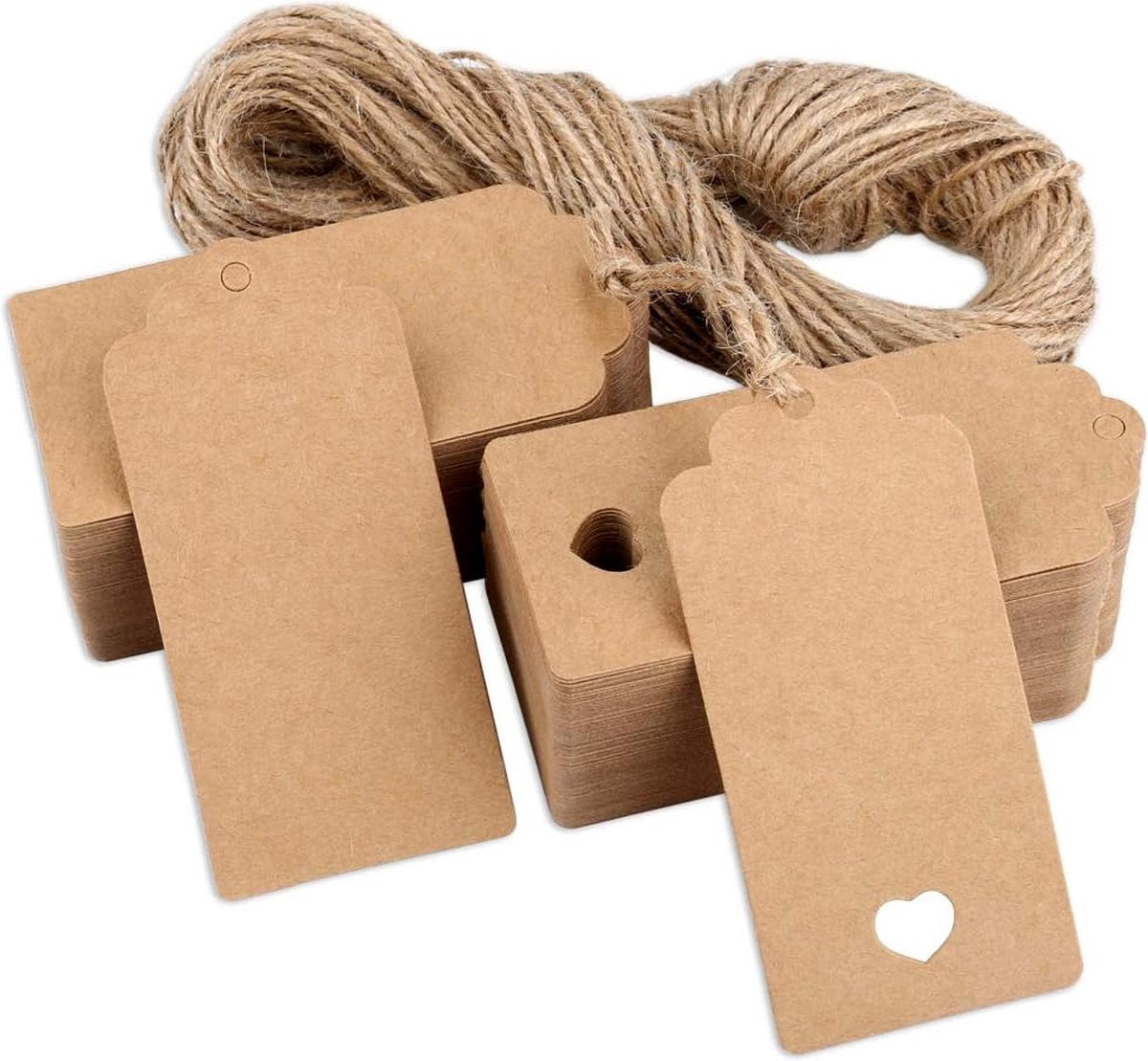 100x Kraft Cardboard Labels - With 100 Jute Rope - Gift Tags - 9.5 x 4.5 CM - Heart - Writable - Cardboard Gift Labels - Kraft Paper Name Tags - Blank Price Tags - Gift Tags - Multifunctional Label - Thick & Sturdy