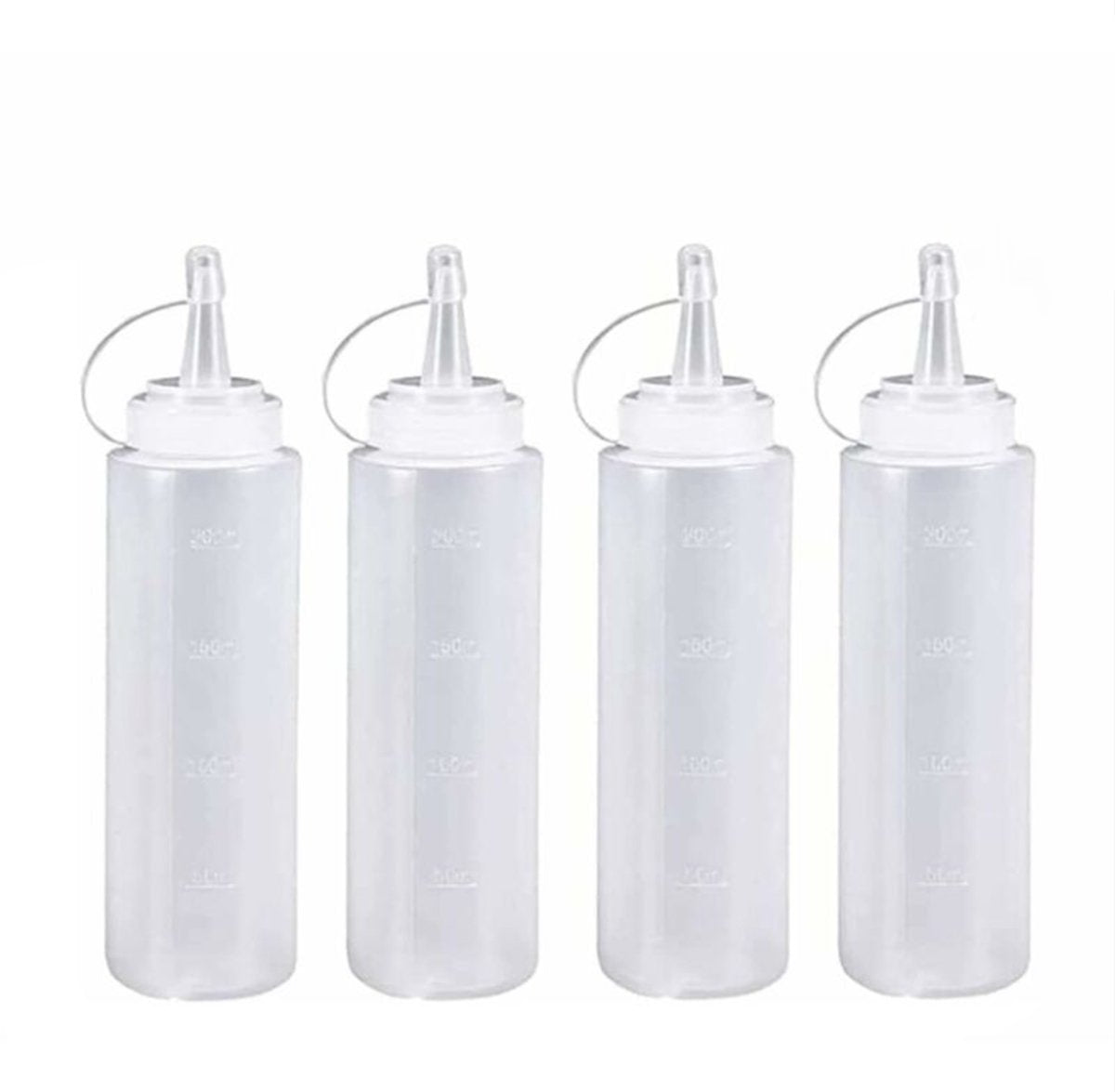 4 pieces - 200 ml - Dosing bottle - Squeeze bottle - Sauce bottle - Garnish bottle - Plastic - White - with spout cap - Leak-proof lids - With check marks - For garnish, sauce or batter