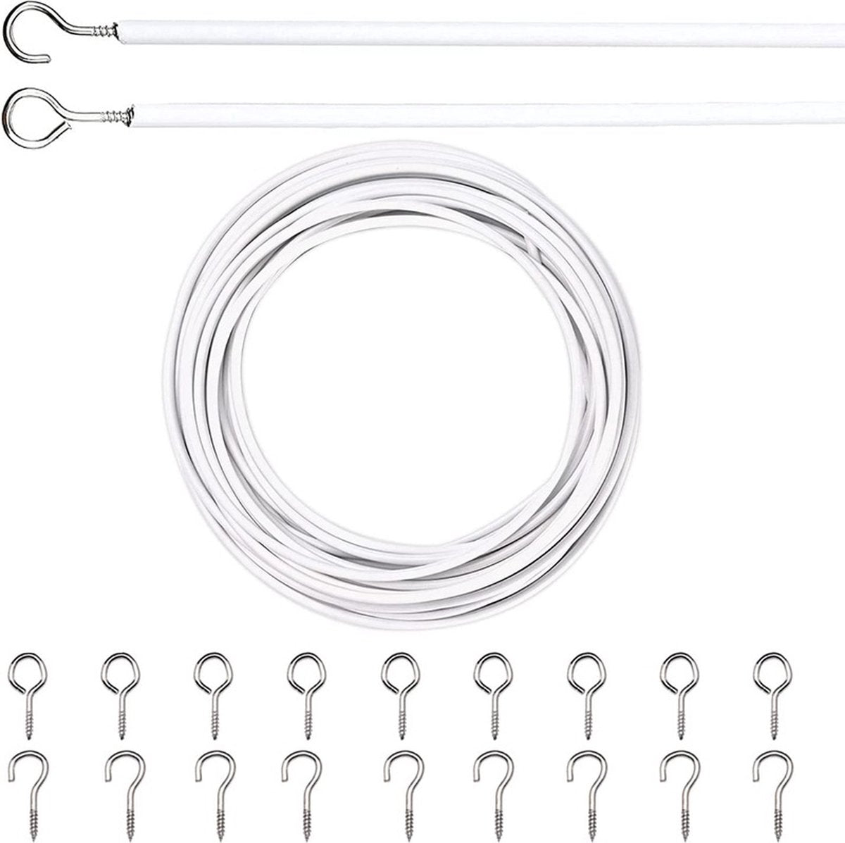 Curtain spiral wire - 10M - Curtain cable - with screw eyes and hooks - 25 sheep eye circles and 25 question mark nails - Spiral wire set - curtain cable line for clothing - Tension spring - white - Metal - for curtain rods, curtains, shower curtains