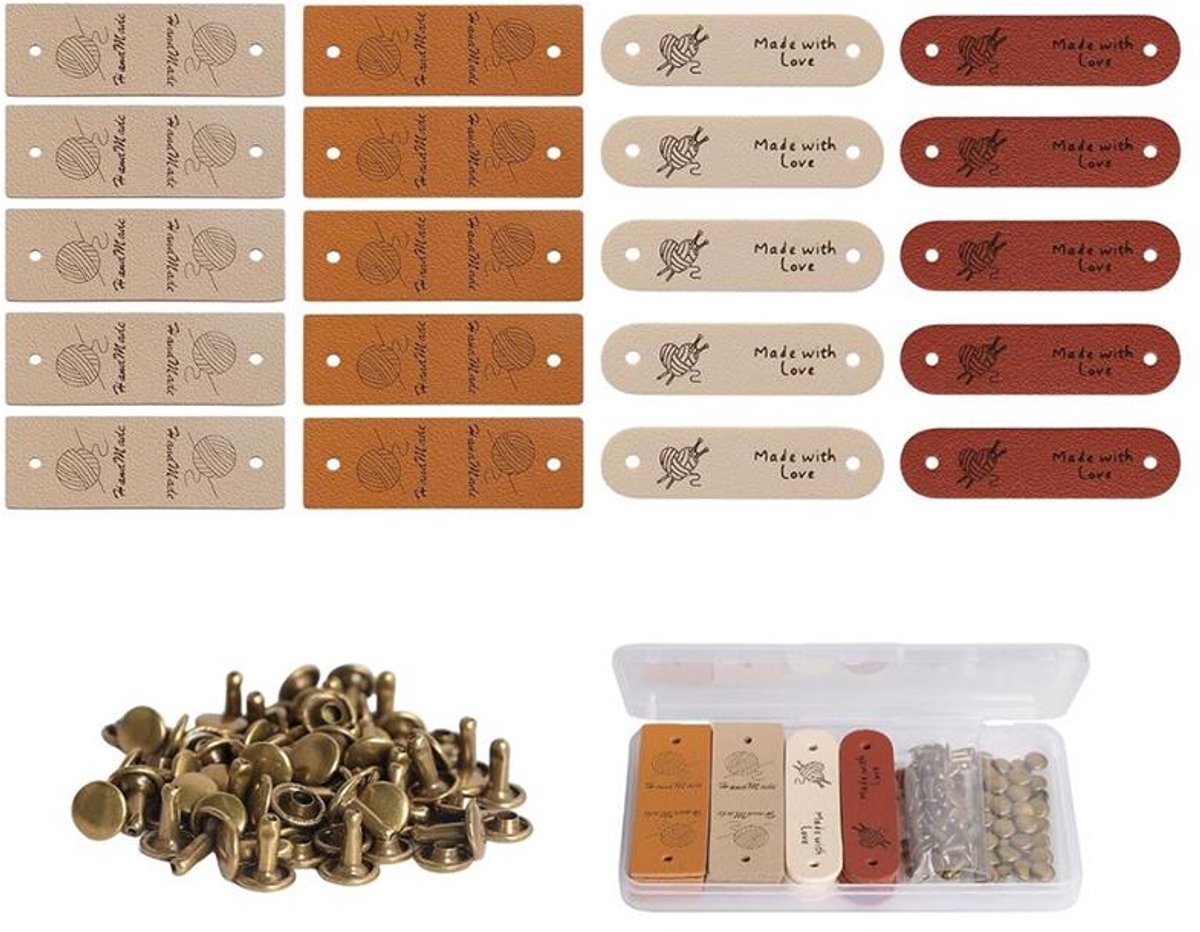 Handmade labels - 20 pieces - Decorative labels - Leather - Leather label with studs - Handmade labels to sew on - Clothing accessories - Suitable for crocheting clothes yourself - For jeans, bags, shoes and hats - 4 colors