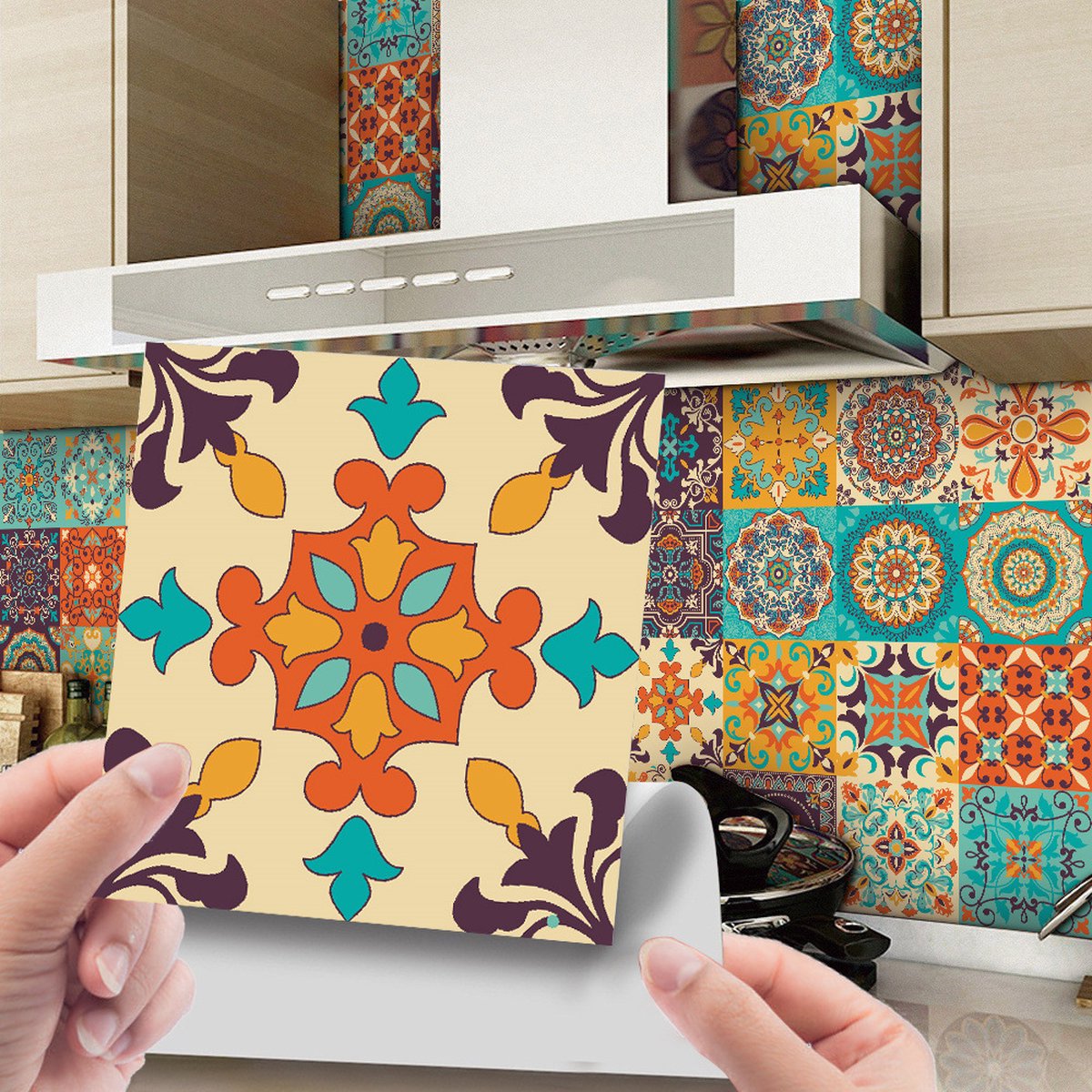 24 pieces - Self-adhesive adhesive foil tile stickers - Decorative sticker tiles - Self-adhesive tiles - Sticktiles - Bathroom - Kitchen - 15x15 cm - Retro Mandala - PVC - Colorful