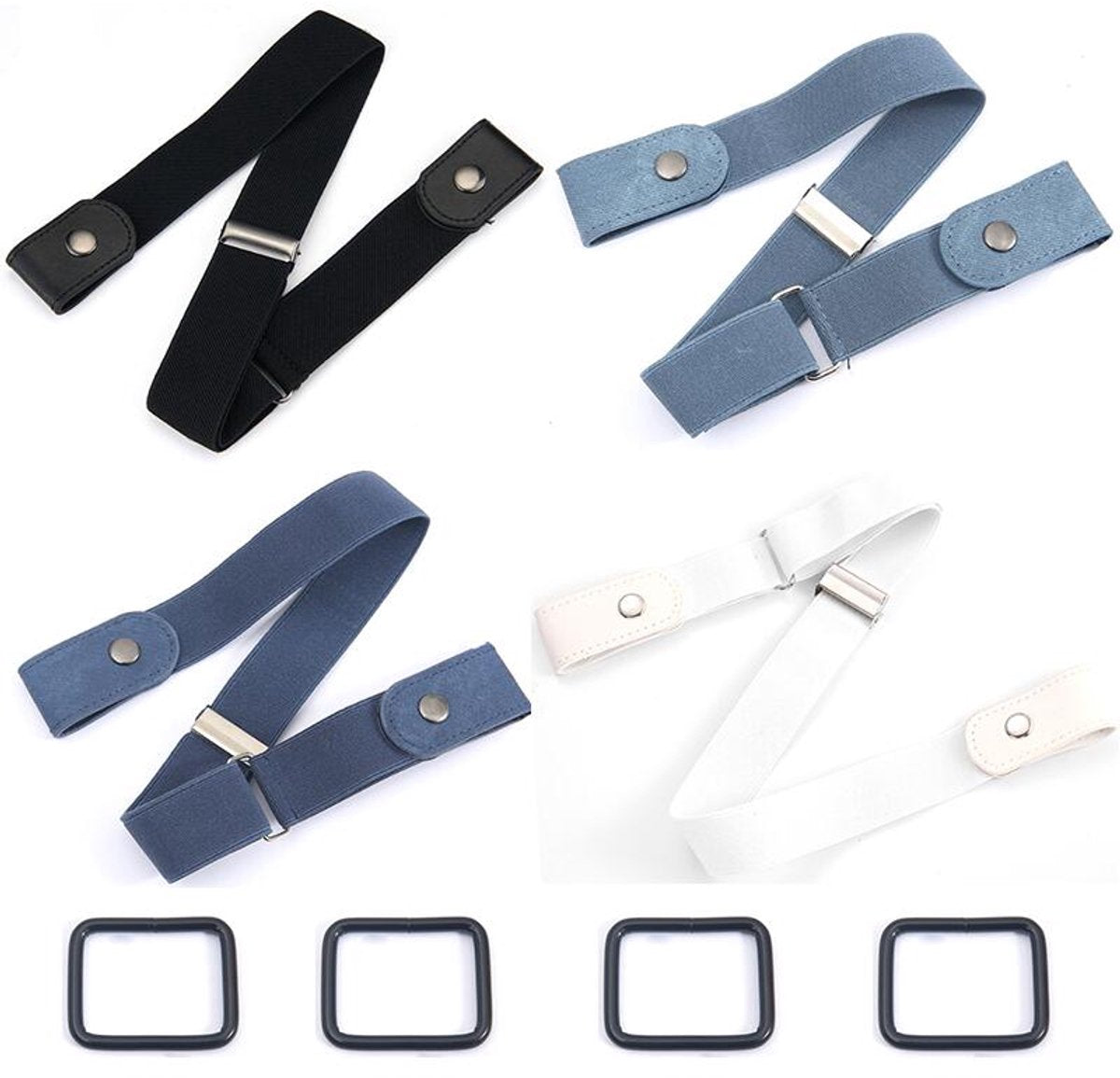Buckle-Free Belt - 4 Pieces - Elastic Belt Without Buckle - PU - Buckle-Free & Elastic Belt for Women & Men - Buckle-Free Belt - Belt Without Holes - Suitable for Pants and Skirts - 3cm Wide - Black/White/Light Blue/Dark Blue