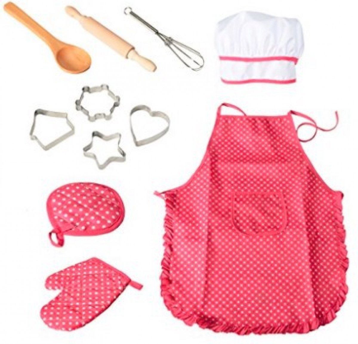 Set of 11 pieces - Kitchen apron - Kitchen - Children's cooking apron tool set - pink red - 28*23.5*2.8cm - cloth