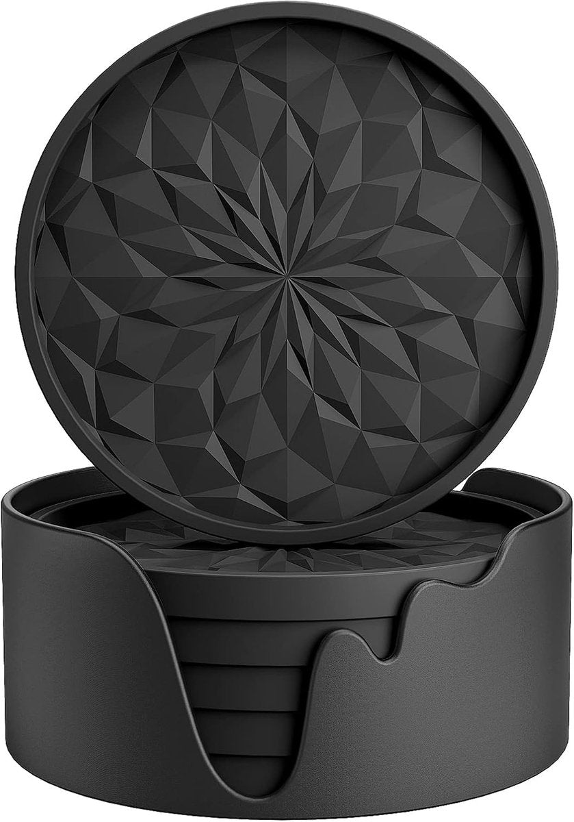 Coasters with Holder - 6 pieces - Coasters for Glasses - Glass Coasters for the Table - Coasters - Silicone - Non-slip - Black - Round - Raised edges to prevent spills - Coasters for hot or cold drinks to protect table tops