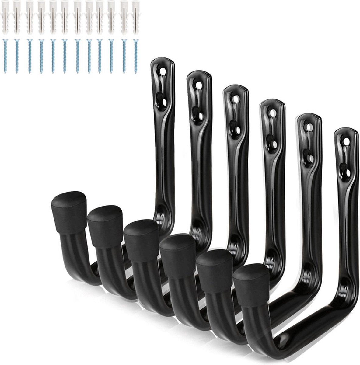 Storage hooks - wall hooks - tool hooks - garage organizer - 6 pieces - 9*11.5 cm - iron - black - with rubber end cap - Including screws - for cellar, bicycle, wall-mounted ladder
