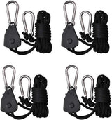 4 pieces/2 pairs - Rope ratchet - ratchet - internal gear ratchet - tow hook with carabiner - Rope ratchet hanger set - lifting device - 2m long - 150 lbs - black - for indoor plants, lighting and ventilation