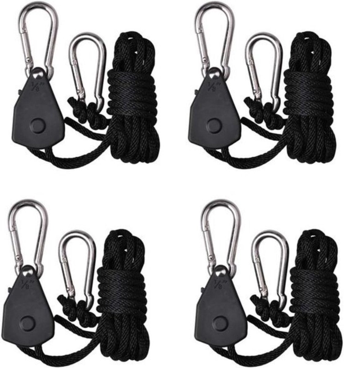 4 pieces/2 pairs - Rope ratchet - ratchet - internal gear ratchet - tow hook with carabiner - Rope ratchet hanger set - lifting device - 2m long - 150 lbs - black - for indoor plants, lighting and ventilation
