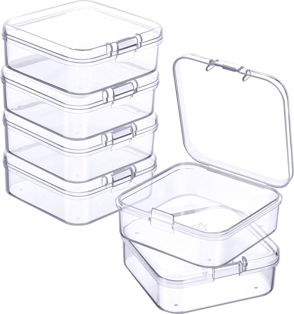6 Pieces - Small Clear Plastic Storage Box Containers with Hinged Lids - L 5.5 x W 5.5 x H 2cm - Mini Boxes for Pills, Beads, Jewelry & Hobby Items - Stackable Mini Tubs - Transparent
