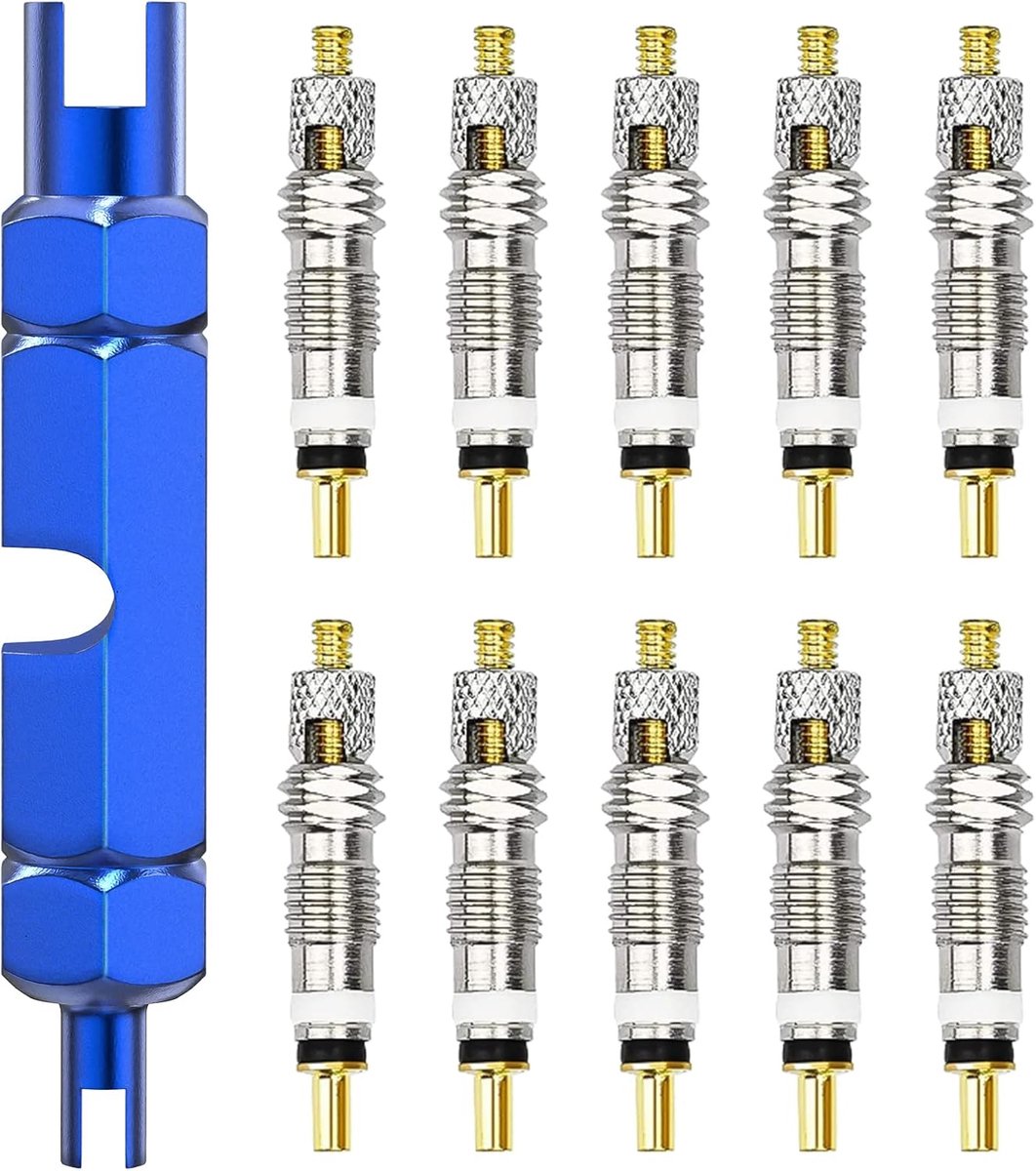 Presta Valve Cores - 10 Pieces - Zinc Alloy - With Extension Wrench - Bicycle Presta Valve Core Removal Kit - Presta Valve Core Replacement Kit - Tire Repair