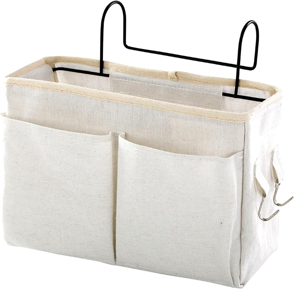 Hanging Basket - Bag Organizer - Bed Bag Holder - Storage Bags - Bed Organizer - Hanging Storage Bags - Dorm Organizer - 30*10*19 cm - Off-White - with 4 Pockets and 2 Hooks - Canvas - for Bunk Bed, Hospital Bed, Dorm, Camping