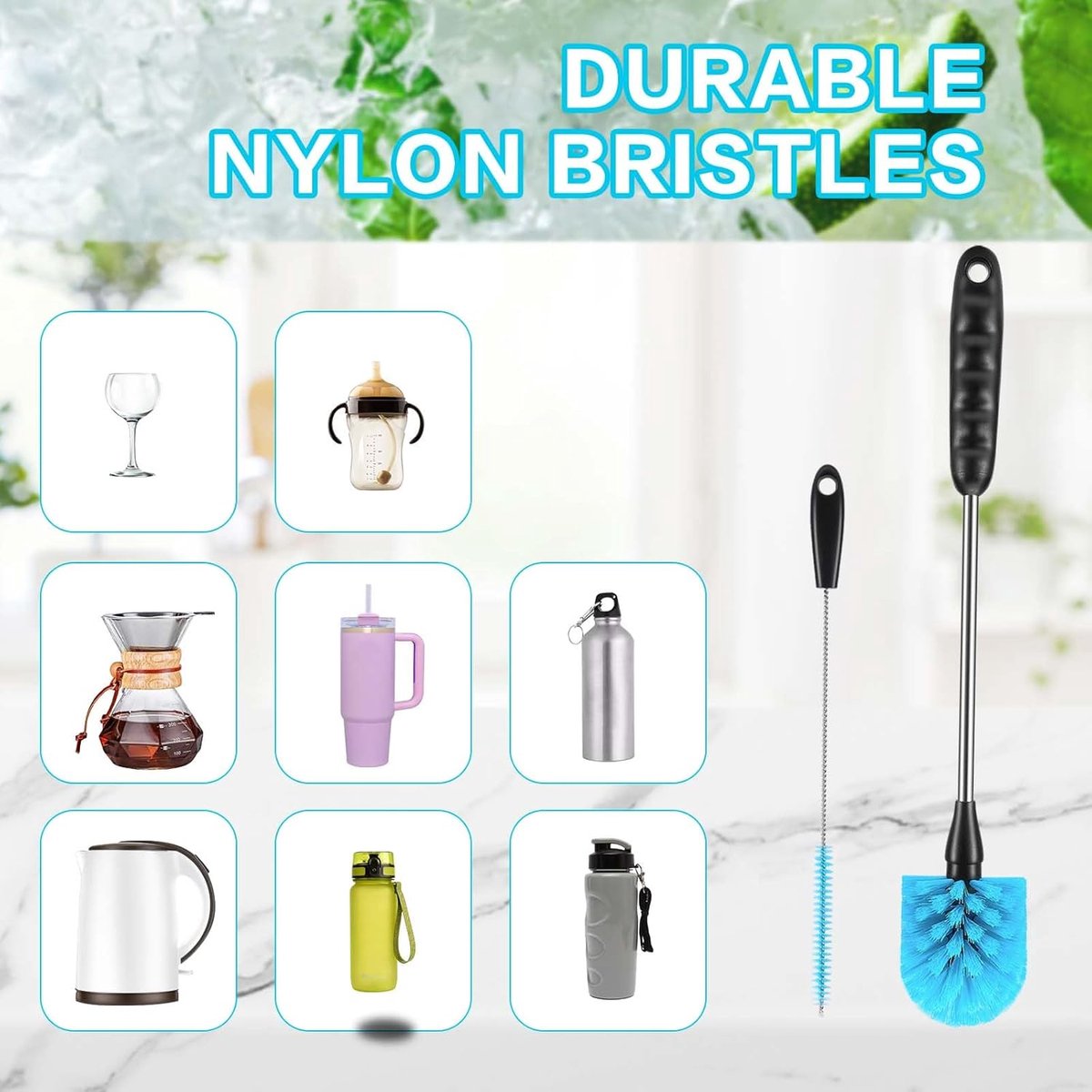 Bottle Brush - 3 Pieces - Bottle Brush - Cleaning Brush - Multifunctional Brushes - Long Bottle Brush - Scratch and BPA Free - Blue - Bottle Feeding Accessories