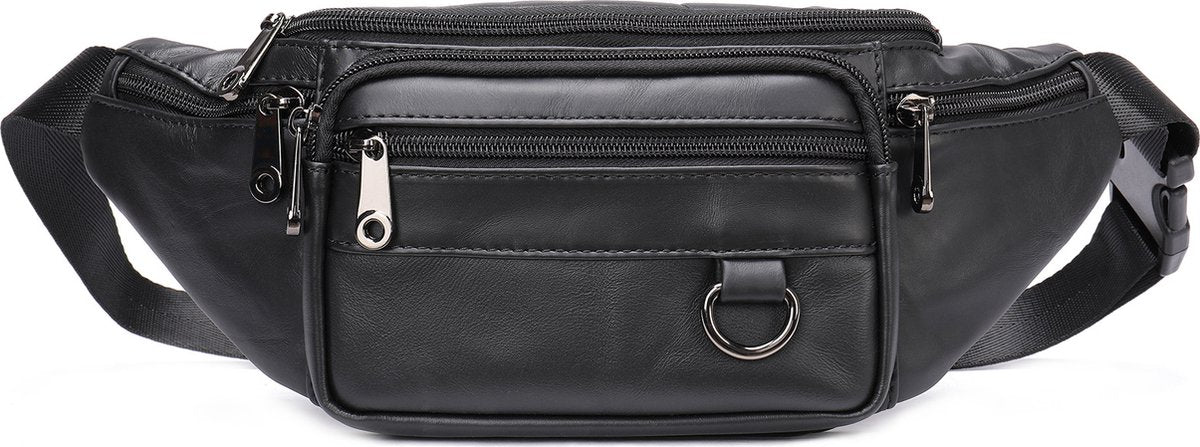 Belt bag - Phone bag - Crossbody - Pouch bag - Leather - Black - 19 x 11 x 3 cm - 6 compartments - Durable - Waterproof - for Travel, Outdoor, Hiking, Sports