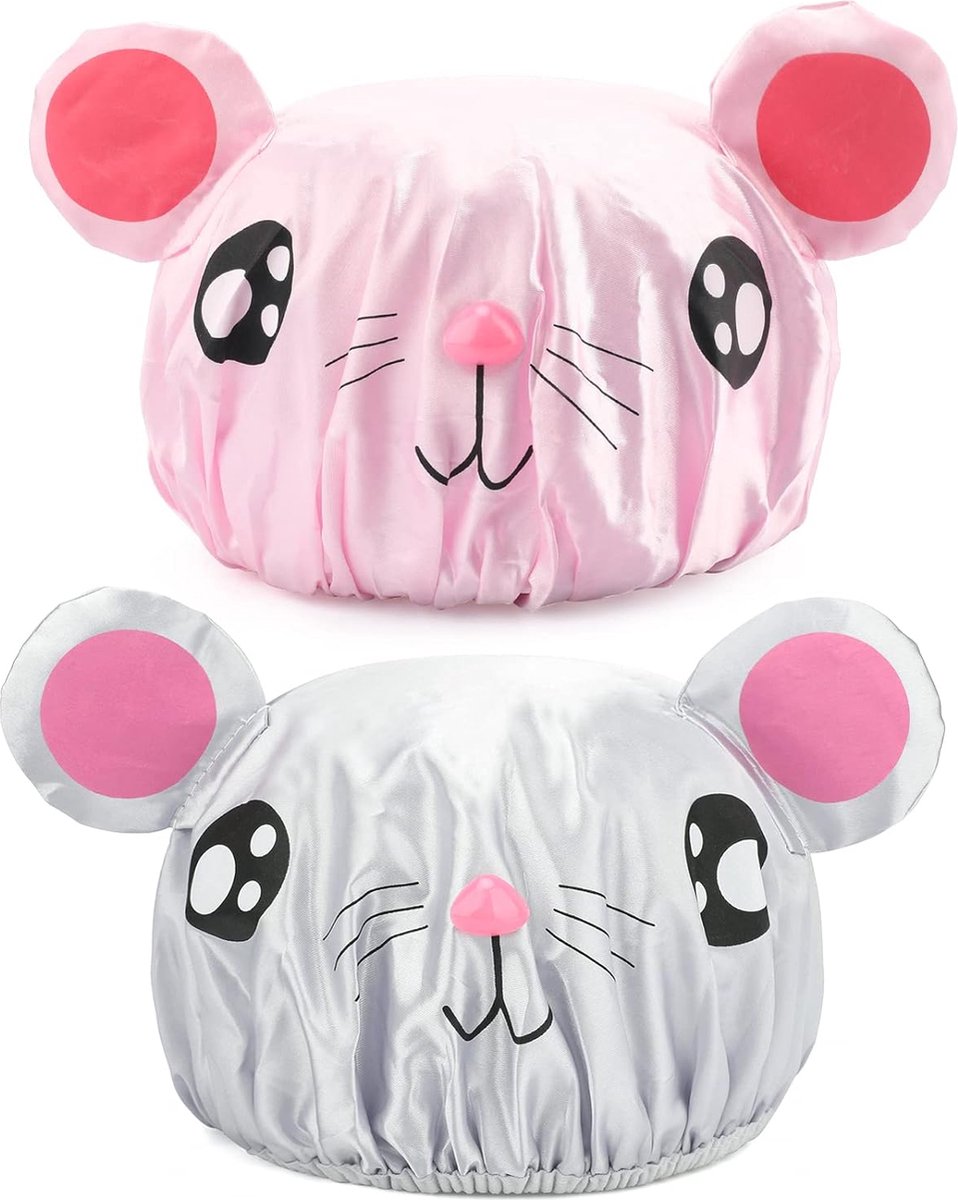 Shower cap - 2 pieces - pink mouse and gray mouse - cute shower cap with double layer - waterproof - Bath cap, children, long hair, shower cap