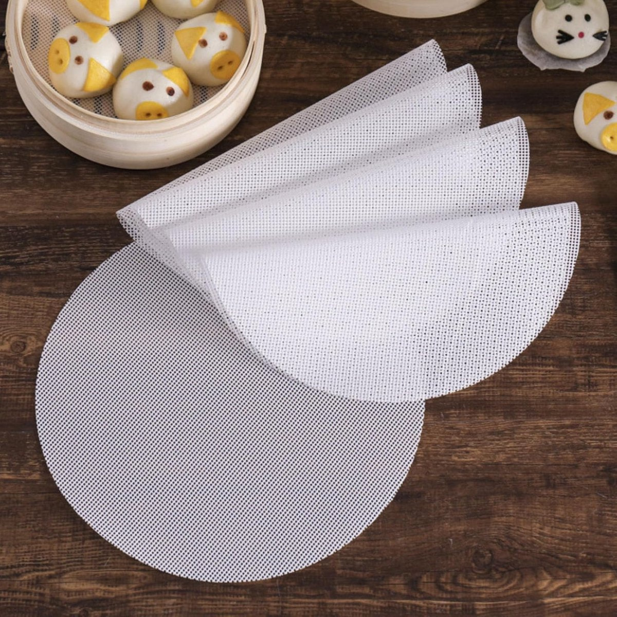 8 pieces Silicone Steam Mat - 32 cm - Reusable - Baking Mats - With Non-stick Coating - Steam Paper - For Dumplings, Buns, Dim Sum - Round - White