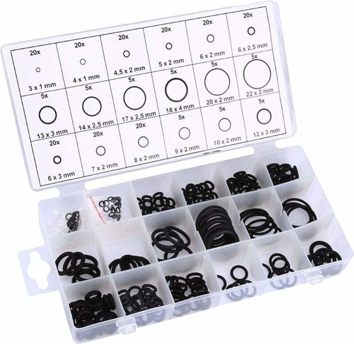 O-rings rubber rings - 225 pieces - 18 sizes - 6x2mm - with assortment box