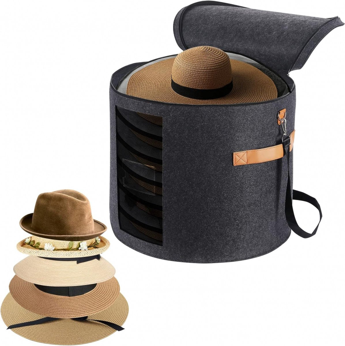 Hat box - storage boxes - Hat storage box - round - dark gray - 50 x 43 cm - felt - foldable - with lid and carrying handle and zipper - transparent window