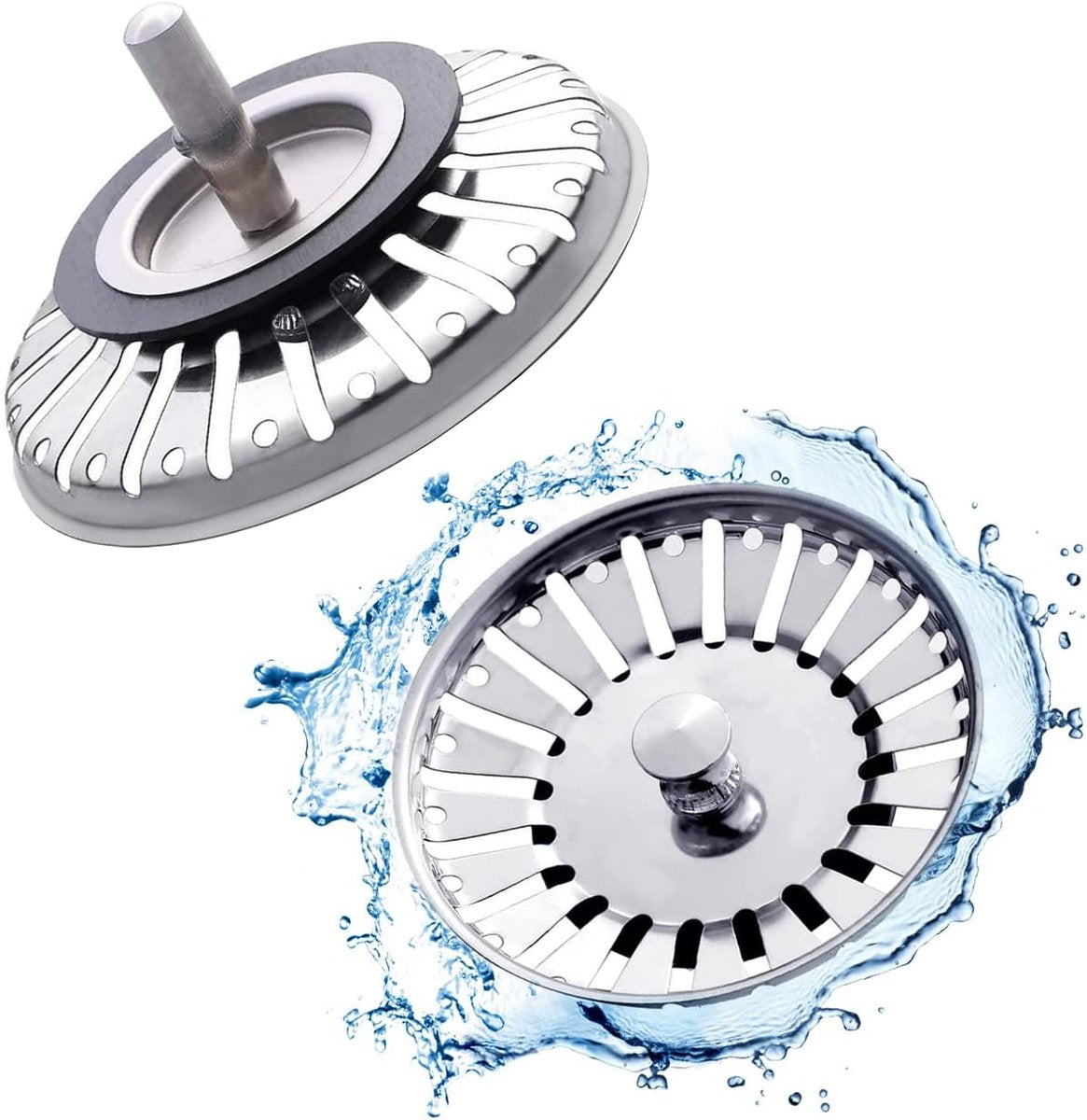 Sink Drain Plug - 2 pieces - Drain stopper - Strainer - 84mm - Stainless steel - Silver