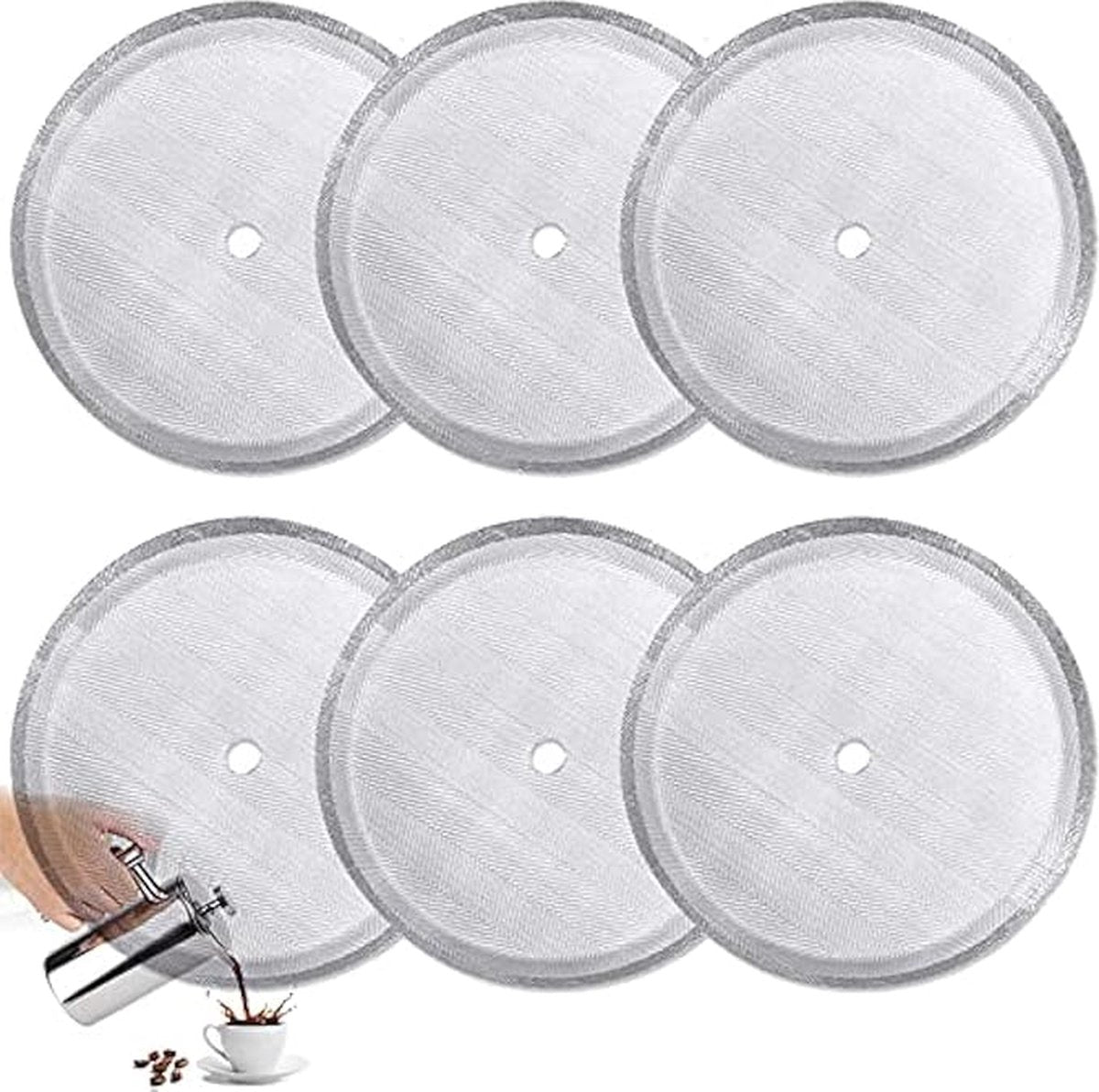 6 pieces - Coffee filter - Reusable - French Press replacement filters Mesh filters replacement - 10.2cm - silver - stainless steel