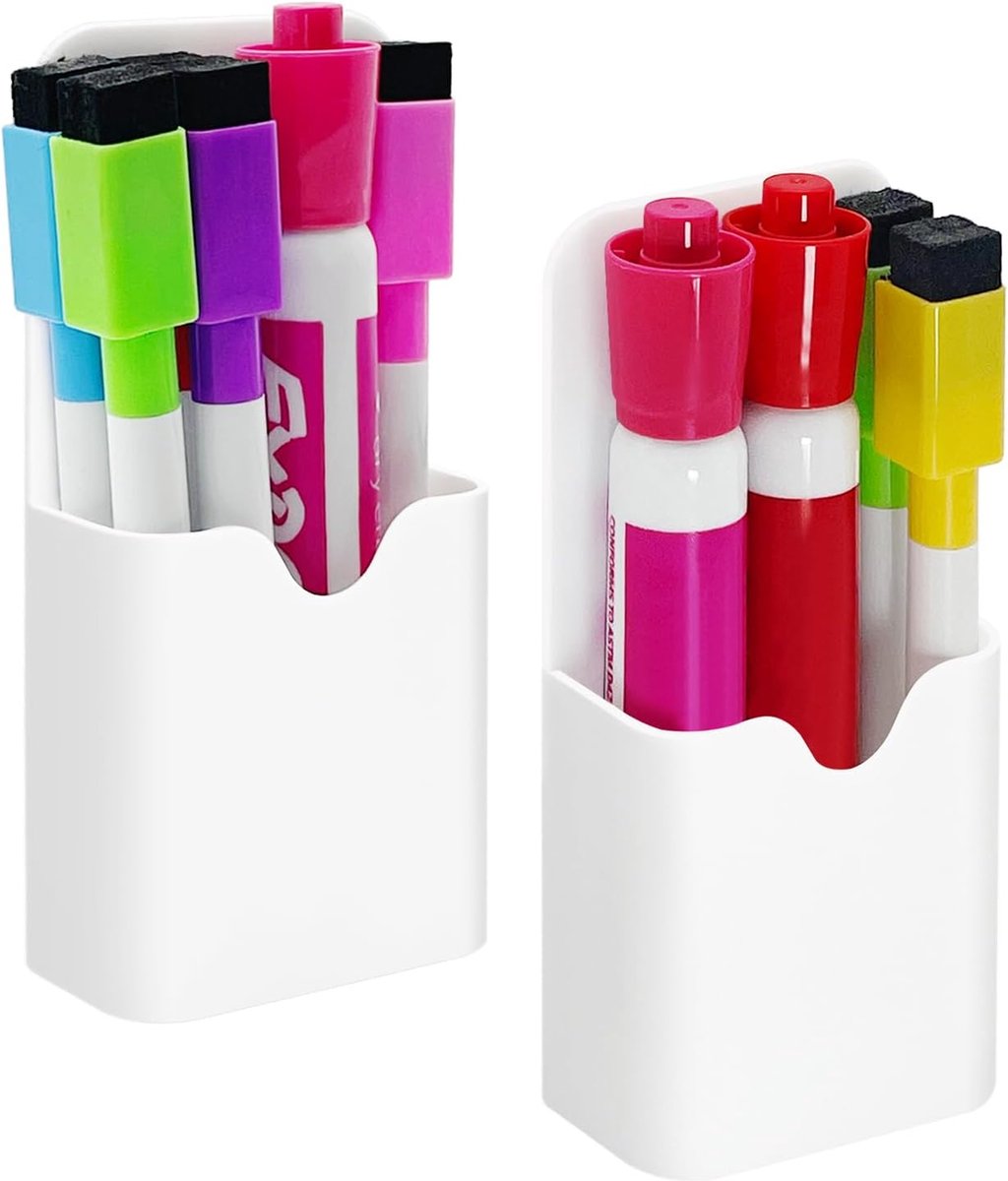 2 Pcs Magnetic Pen Holders, Magnetic Dry Erase Marker Holders, Magnetic Pencil Holders for Fridge, Whiteboard Marker Holder for School, Office, Home, Magnetic Marker Organizer, White - 5.6*12cm