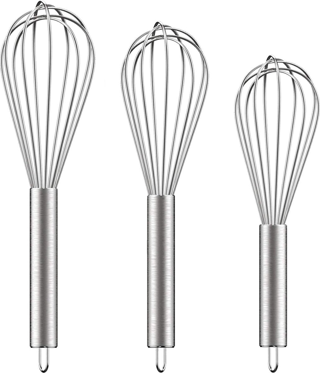 3 pieces - egg beater - Hand mixer - Manual egg beater - 8 inch + 10 inch + 12 inch - Cream mixer - for baking in the kitchen - silver - stainless steel