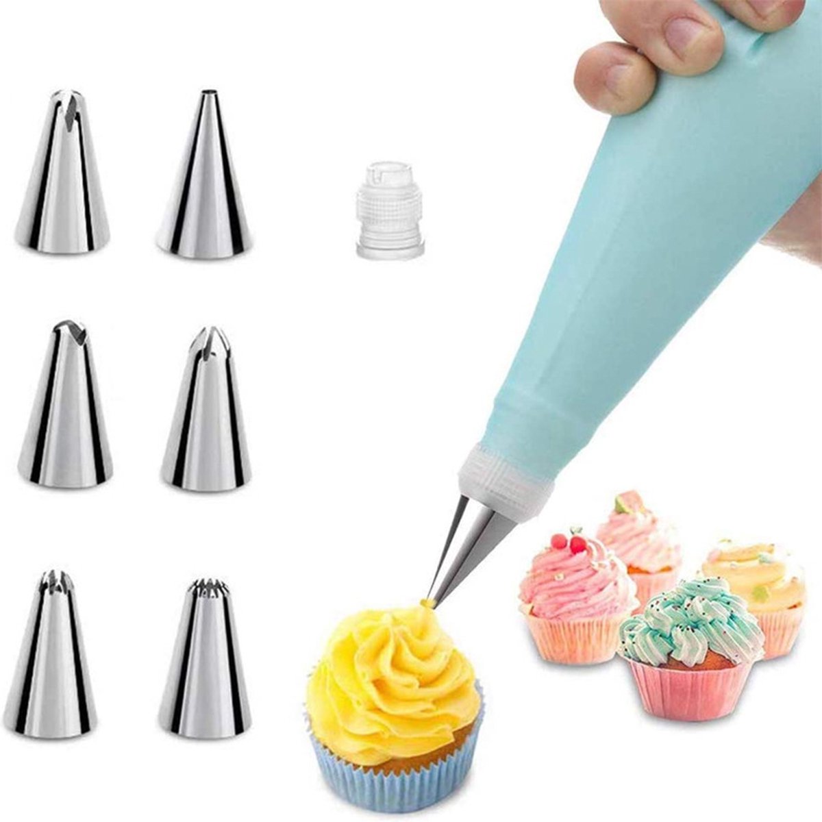 Silicone Piping Bags and Nozzles Set - With 6 Nozzles - Reusable Pastry Icing Bags - For Cupcakes, Cookies, Cream Cake Decorating - Blue