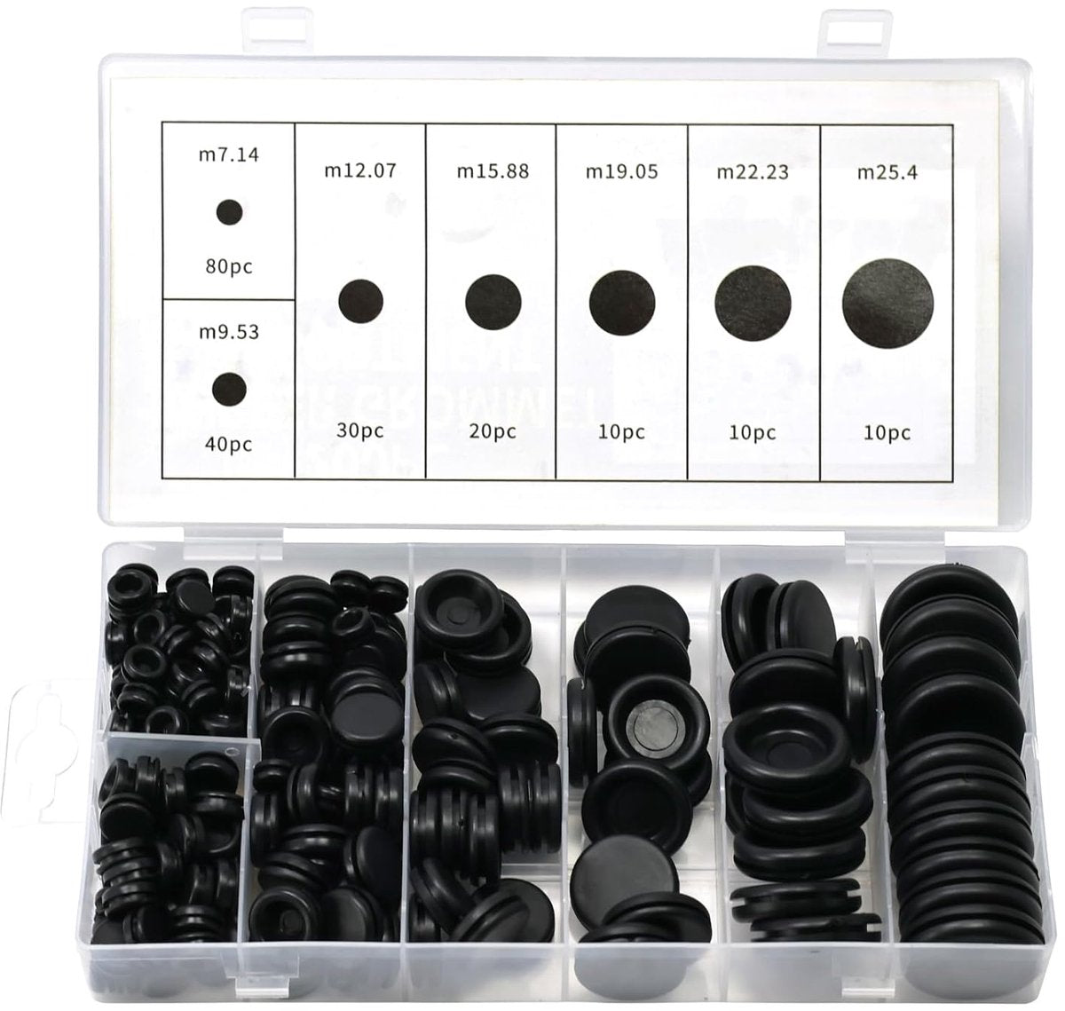 Rubber Grommet - Pack of 200 - Black - 7mm/9mm/12mm/16mm/20mm/22mm/25mm - Closed Rubber Grommet - For Wire, Electrical Installation, Cable Protection - Round Rubber Stopper