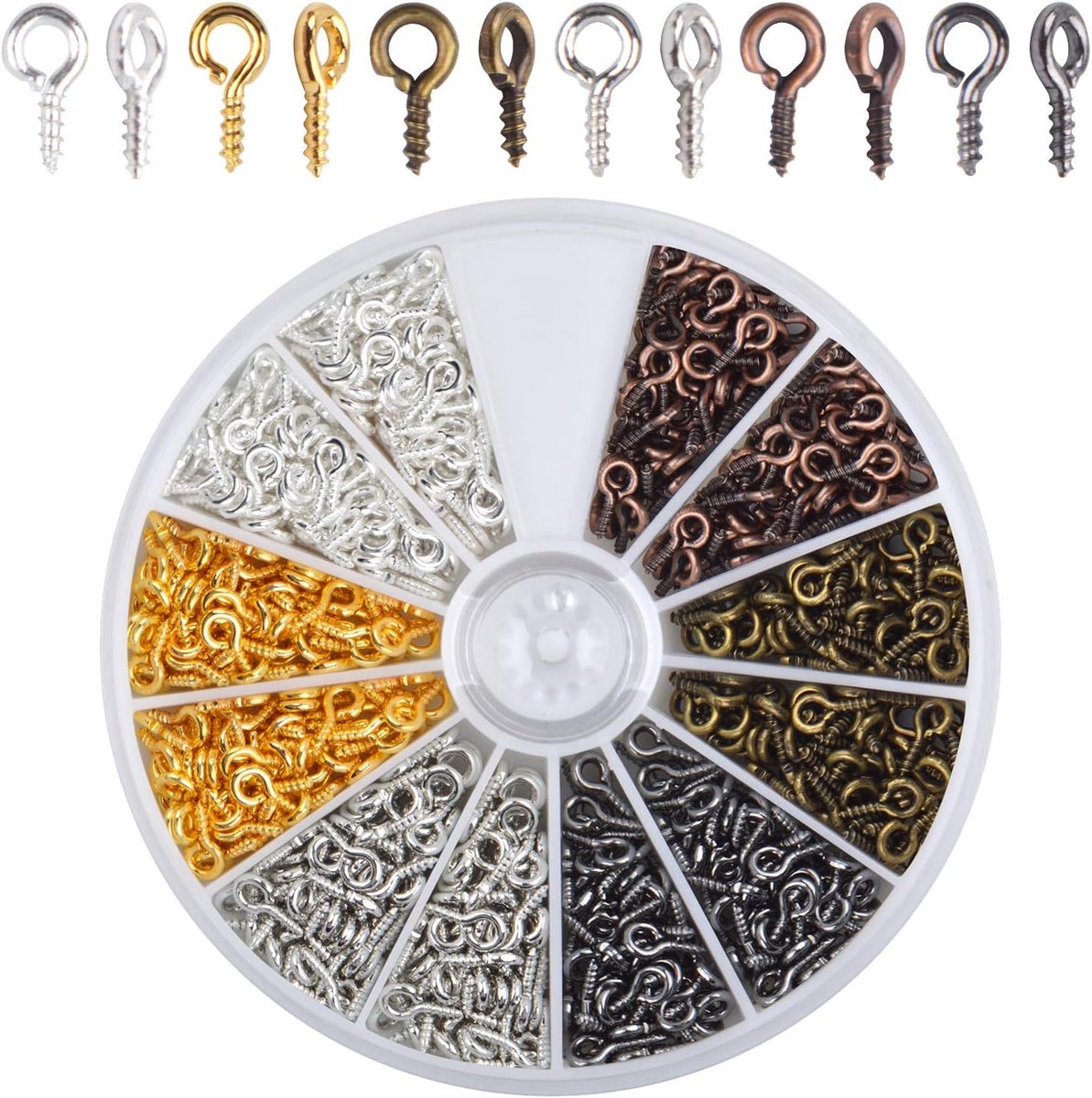 600 pieces - Screw hooks - Screw hook - Screw eyes - Screw eye - Small hook - Wall hook - Length 8 mm - Metal - color - with screw mounting - with storage box