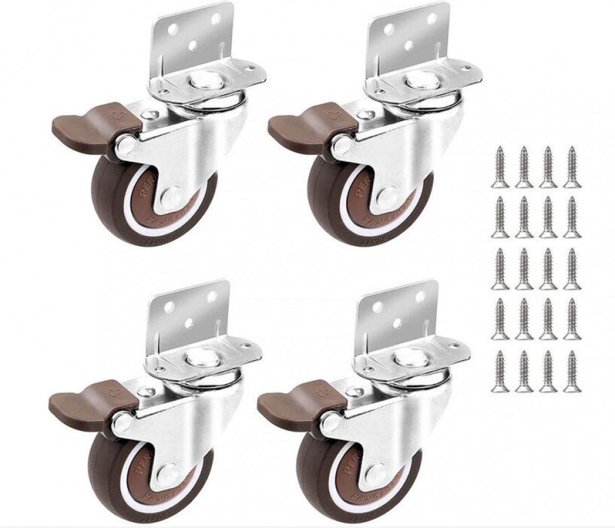 Casters Set of 4 with Brakes - 25mm + Screws TPR Rubber Heavy Duty Wheels 15KG - Furniture Casters for Furniture - Casters for Trolley - Heavy Duty Casters - Rubber Trolley Wheels