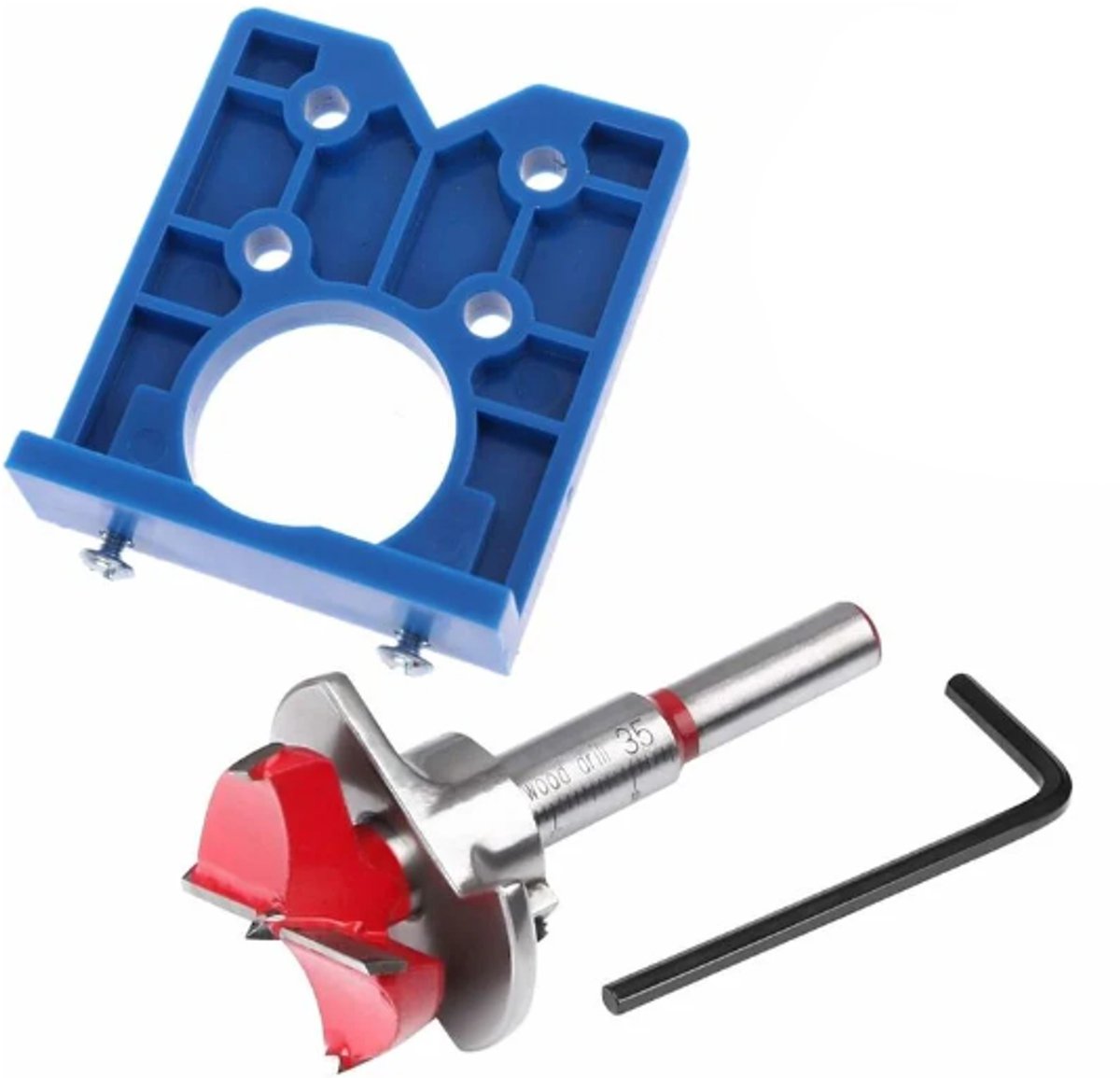 Drill guide - hinge gauge - Drill bit accessories - for 35mm hinge holes - 77*66mm - PP, TPR, carbon steel - blue - for carpentry, cabinet hinges and mounting plates