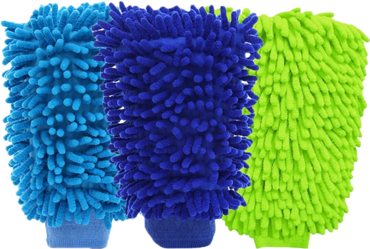 Household Gloves - 3 Pieces - Cleaning Gloves - Car Wash Glove - Double-Sided Microfiber Glove - For Cars and Household Cleaning - 15*23 CM - Dark Blue/Light Green/Blue