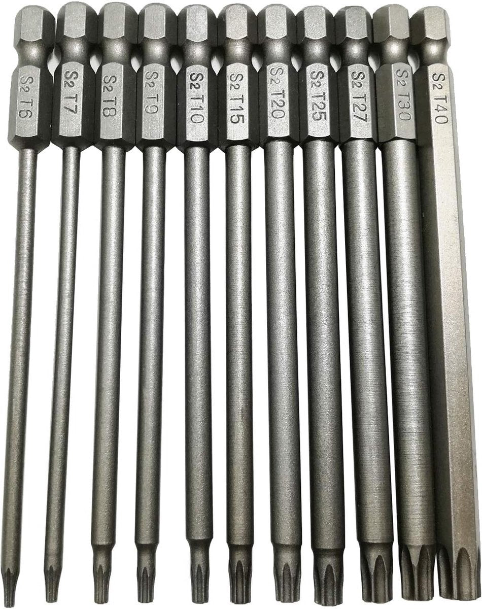 11 pieces - Screwdriver bits - Screwdriver bit set - Long Torx screwdriver set - Hollow Torx bit set - S2 steel - with security head - hexagon shaft - 100mm - T6 T7 T8 T9 T10 T15 T20 T25 T27 T30 T40