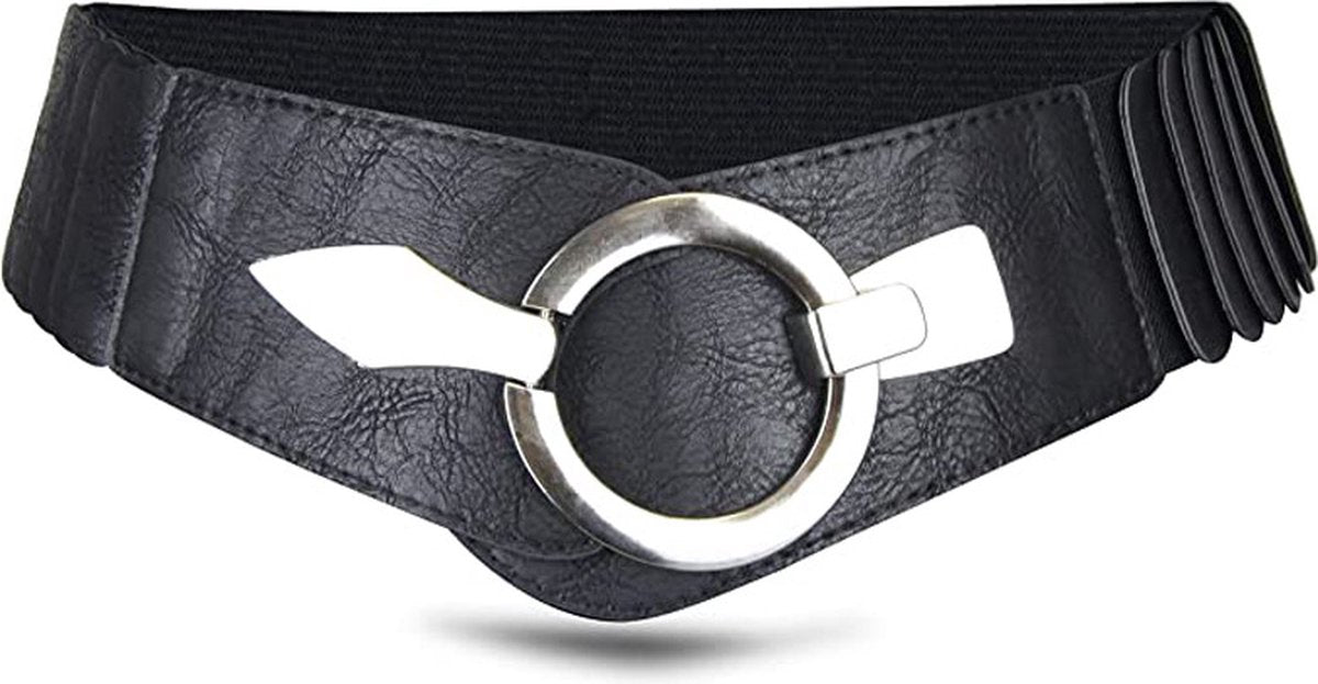 Wide Women's Belt - Women's Belt - Waistband - Belt - Elastic Cinch Belt - Black - Leather - Double Ring Buckle - Dress Accessory - Fashion Crochet Belt - Length: 80-95 cm, Width: 6 cm - for dresses coats