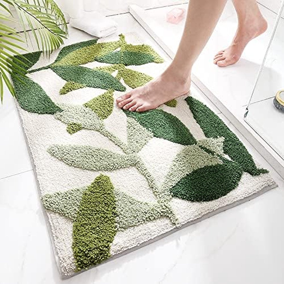 Non-slip bath mat - Non-slip bath mat - 45x65cm - durable water-absorbent bathroom rug - machine washable - soft and comfortable doormat - green leaves - Non-slip - Doormat