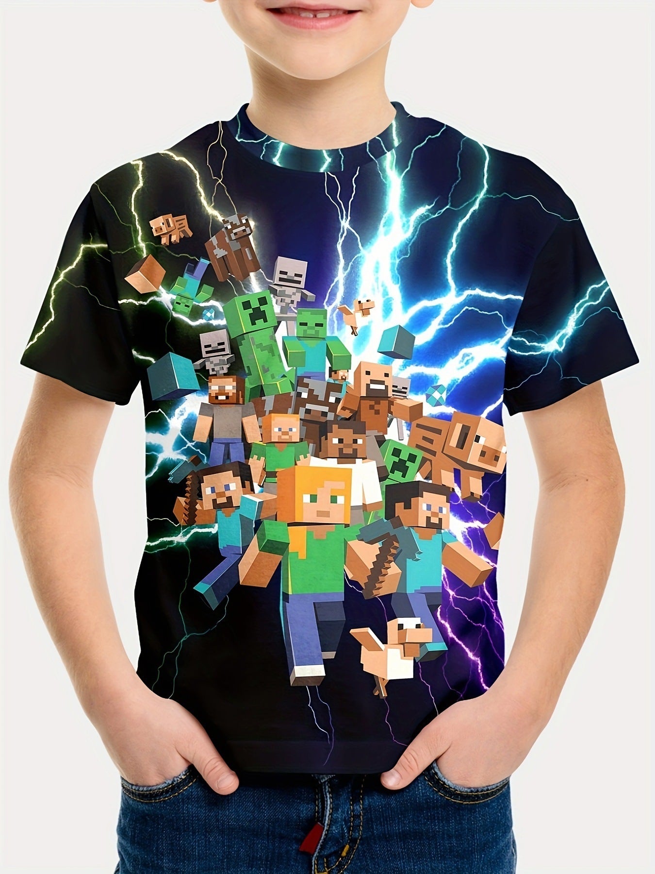 Minecraft T-shirt Boys Girls 120cm Cartoon Print Round Neck Short Sleeve Casual Summer Top