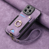 iPhone 11 Compatible Leather Case with RFID Blocking Multi-Functional Card Holder Lanyard Anti-Theft Ring Light Purple