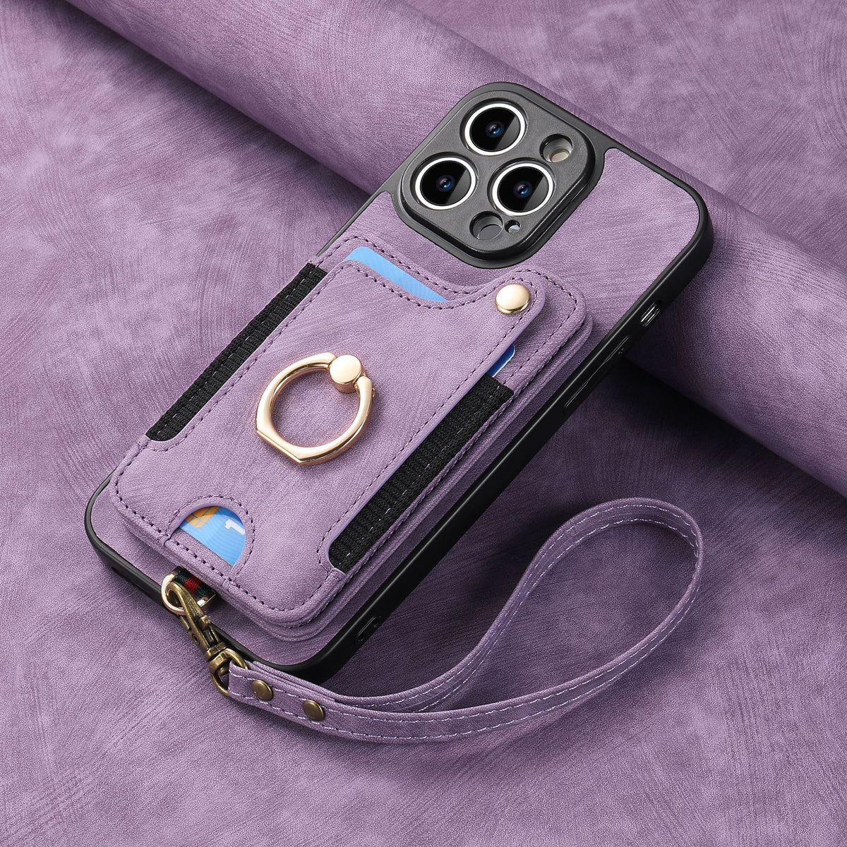 iPhone 11 Compatible Leather Case with RFID Blocking Multi-Functional Card Holder Lanyard Anti-Theft Ring Light Purple
