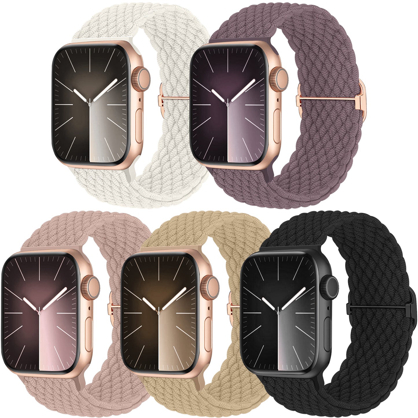 Woven Solo Loop Band Compatible with Apple Watch 38mm, 40mm, 41mm, 5-Pack Adjustable Nylon Elastic Sport Band for Men and Women